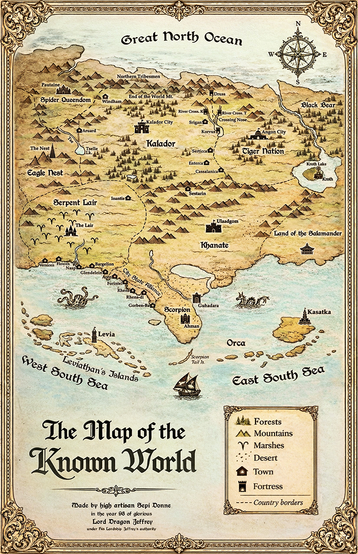 The Map of the Known World: Kalador, surrounding realms, seas, and compass rose.